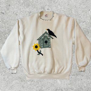 Vintage 80's Cottage Style Crewneck Birds & Sunflower Jerzees Size Medium